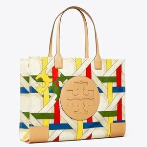 Tory Burch Ella Printed Large ToteFrench Cream/Multi Color Basketweave